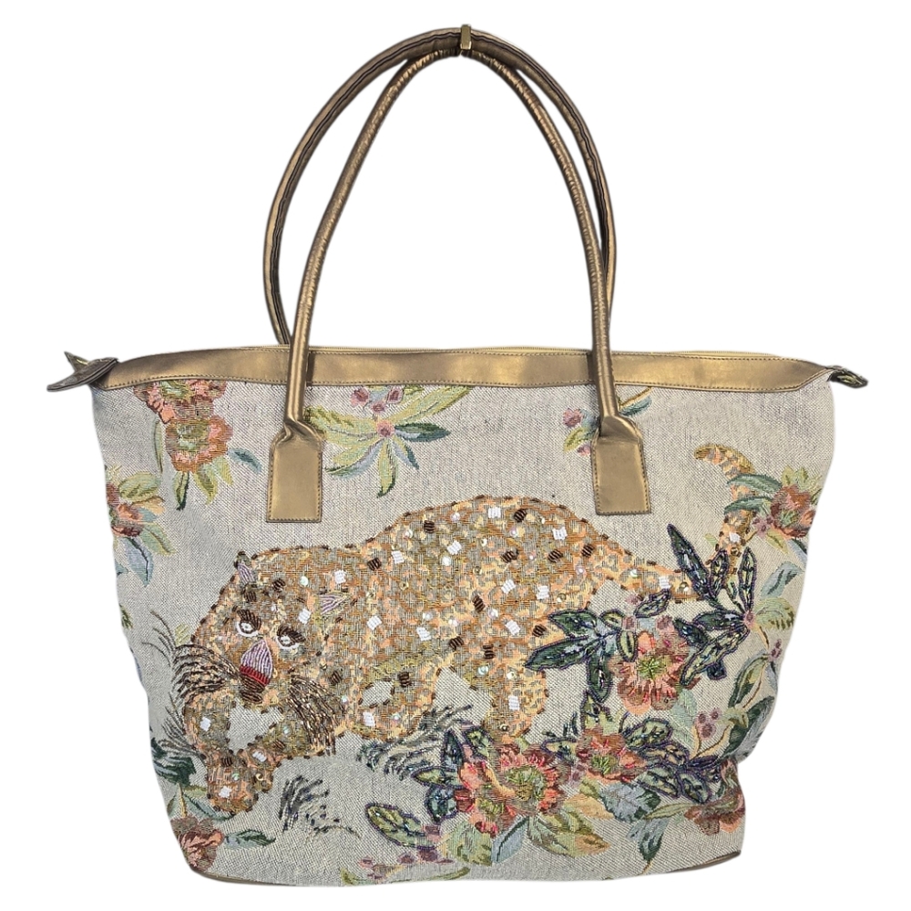 Tapestry Leopard overnight Bag in Gold and Cream